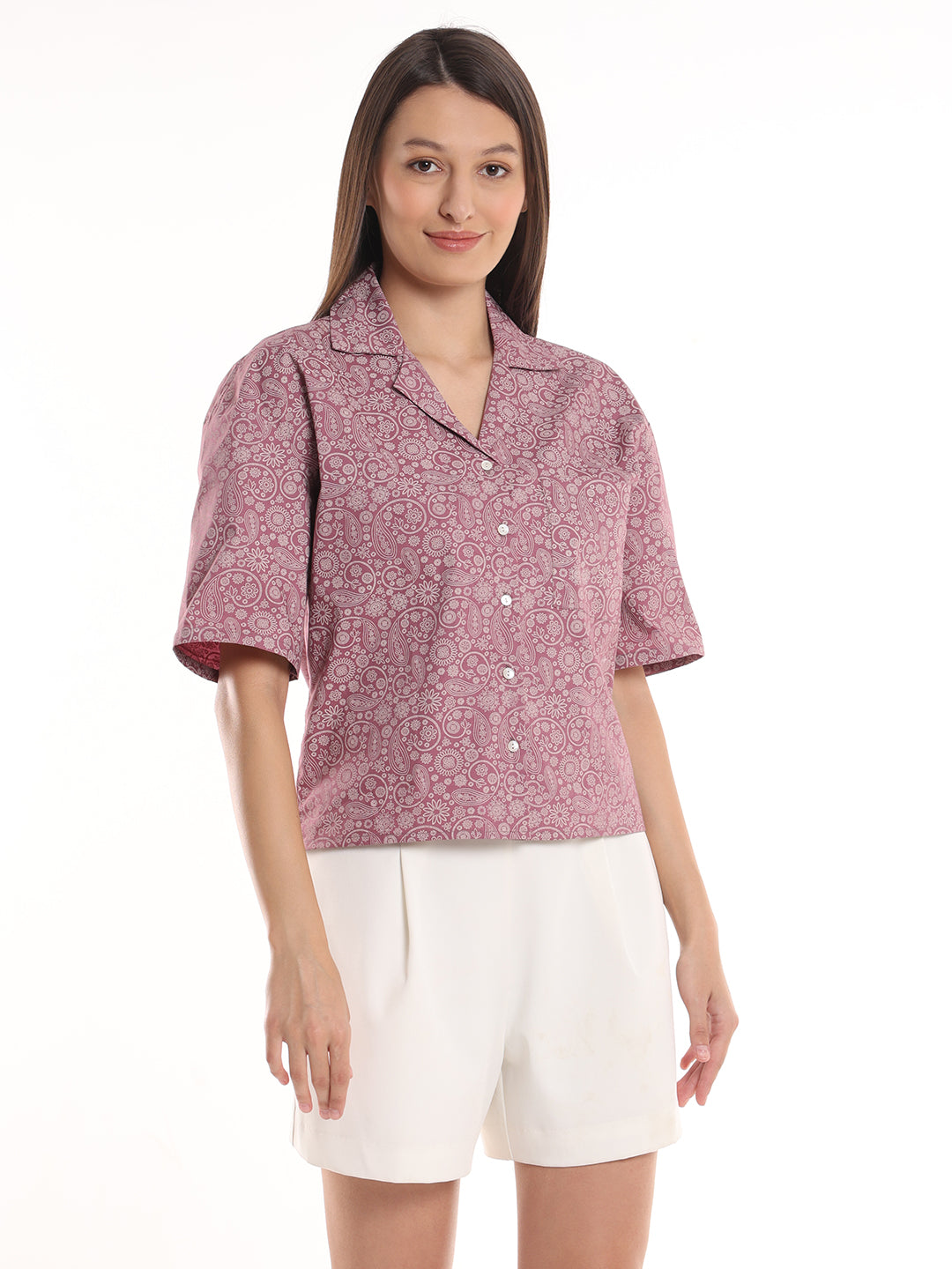 Casey Onion Pink Printed Short Sleeves Cropped Cotton Shirt