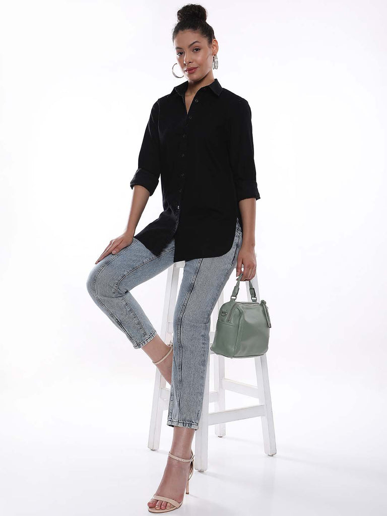 Allison Black Denim Long Shirt for Women - Rome Fit from GAZILLION - Seated Stylised Look