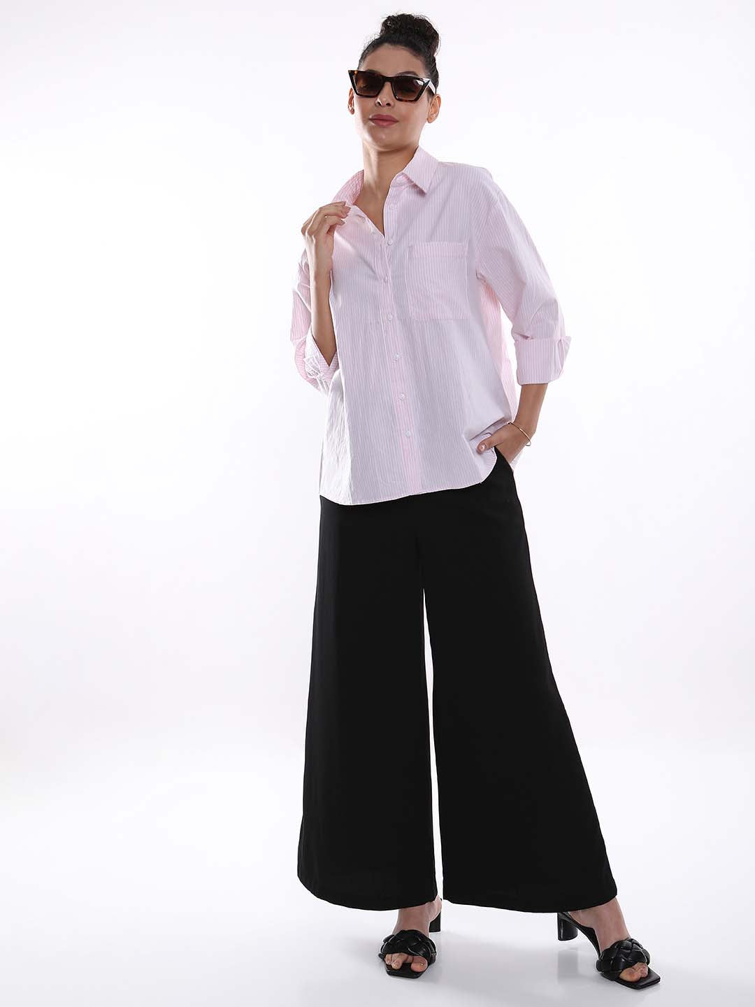 Anissa Pink & White Striped Oxford Cotton Oversized Shirt for Women - Copenhagen Fit from GAZILLION - Standing Stylised Look With Accessories