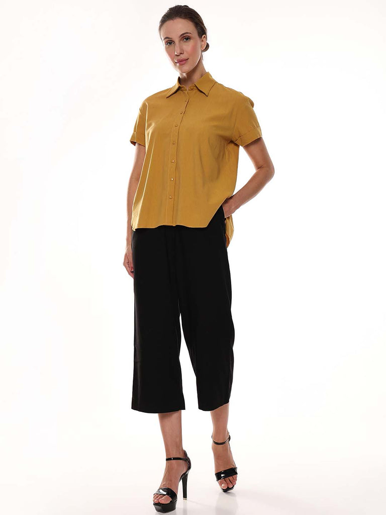 Avony Mustard Yellow Cotton-Viscose Loose Shirt for Women - Madrid Fit from GAZILLION - Full Standing Stylised Look