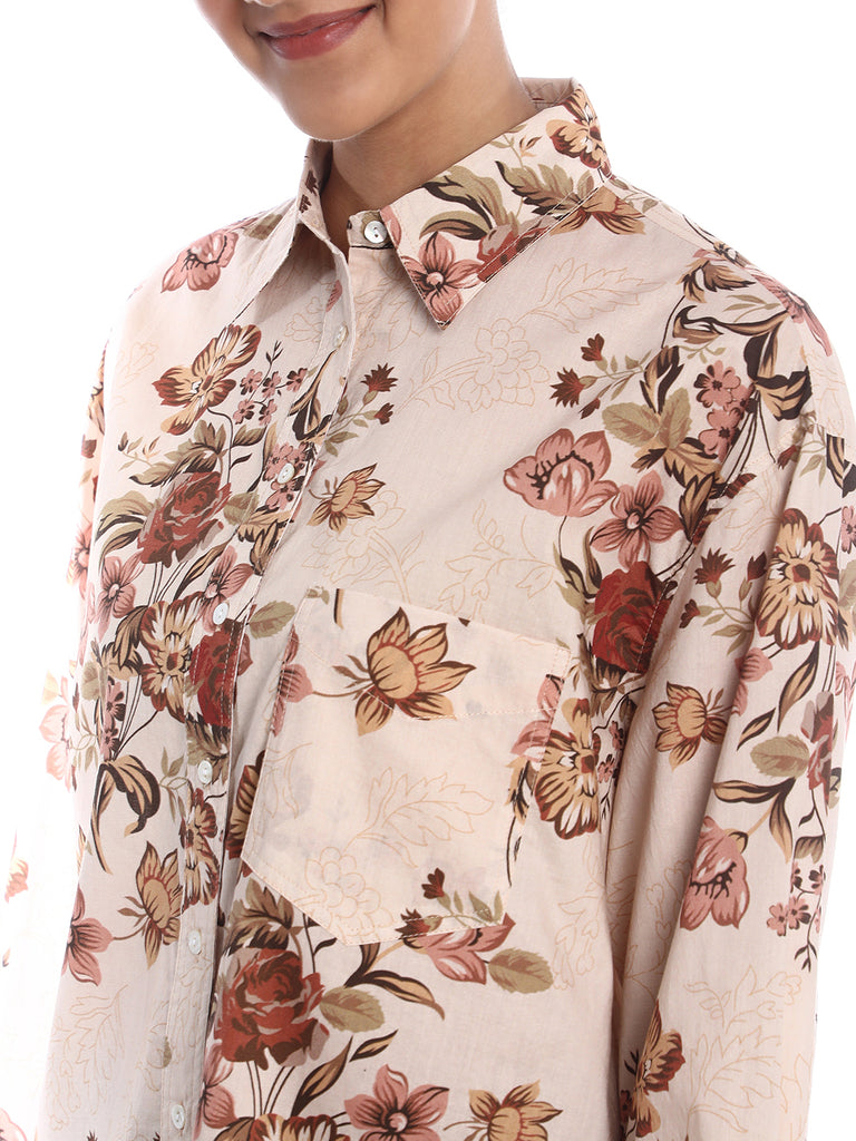Bellora Beige Floral Print Cotton Oversized Shirt for Women - Brussels Fit from GAZILLION - Front Detail