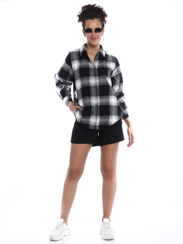 Bianca Black Brushed Cotton Checks Drop Shoulder Shirt for Women - Paris Fit from GAZILLION - Stylised Standing Look