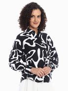 Brooke Black & White Abstract Print Viscose Linen Drop Shoulder Shirt for Women - Paris Fit from GAZILLION - Right Side Look