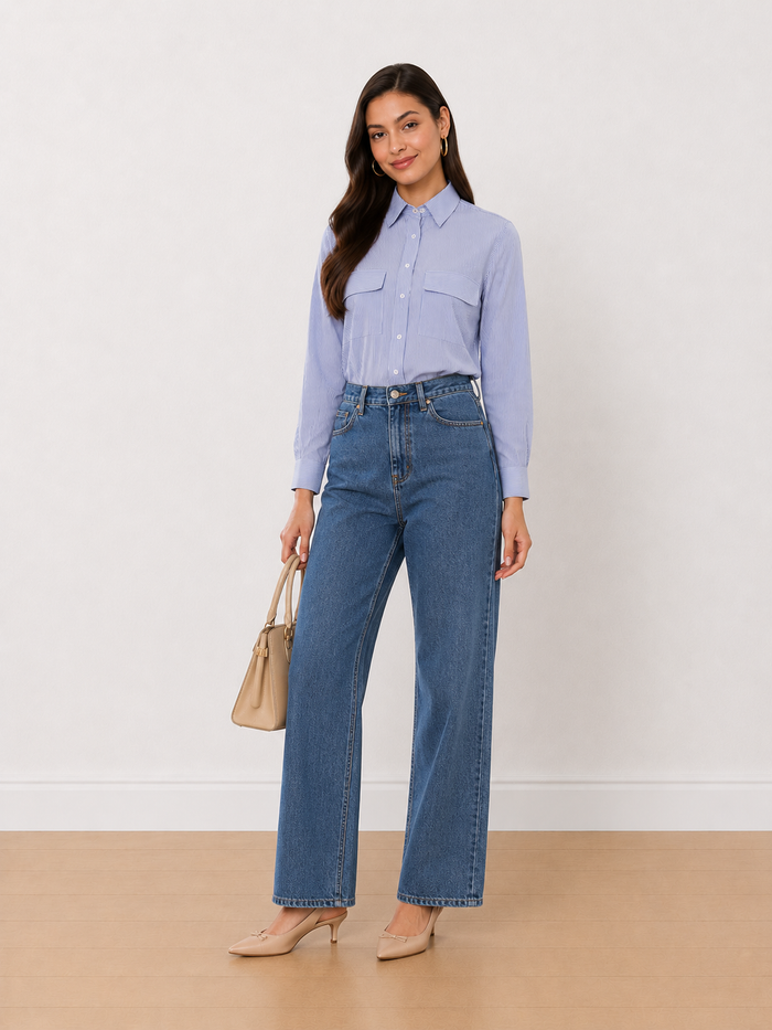 Alvina Blue & White Striped Cotton Uitlity Shirt