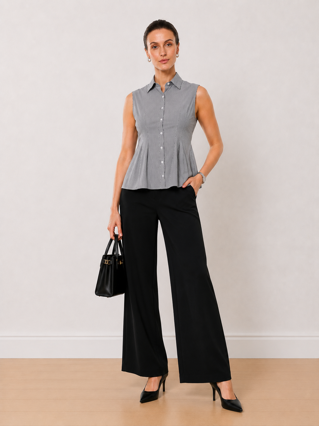 Amora Black & White Striped Sleeveless Cotton Formal Shirt