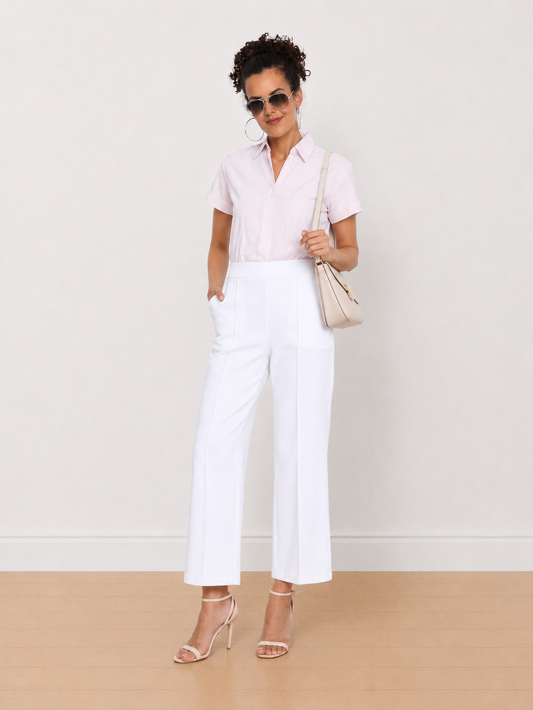 Becky pink and white striped formal half sleeves shirt - front view