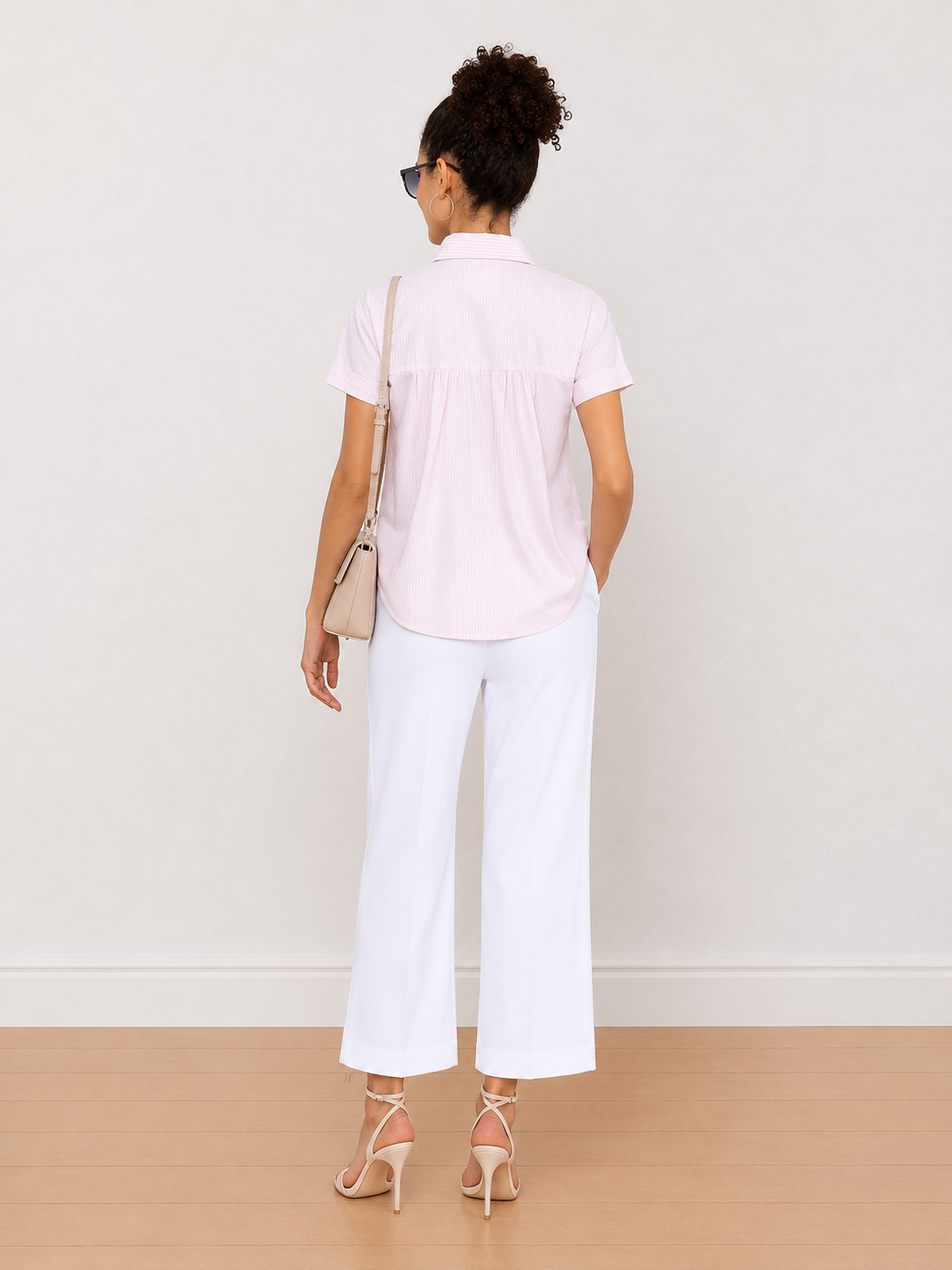 Becky pink and white striped formal half sleeves shirt - back view