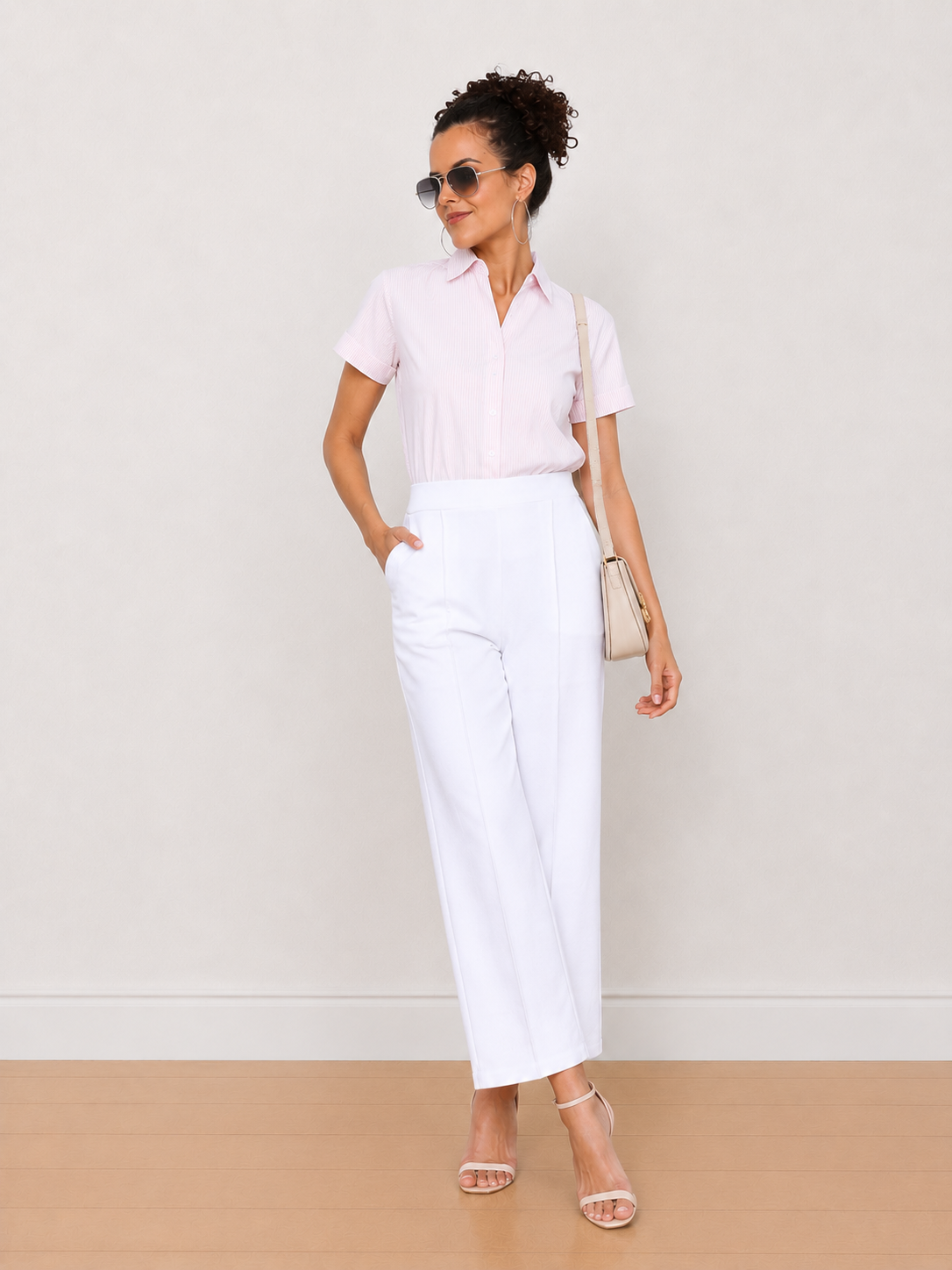 Becky pink and white striped formal half sleeves shirt - front view, styled