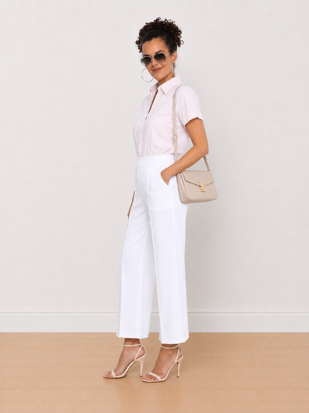 Becky pink and white striped formal half sleeves shirt - three quarter front view