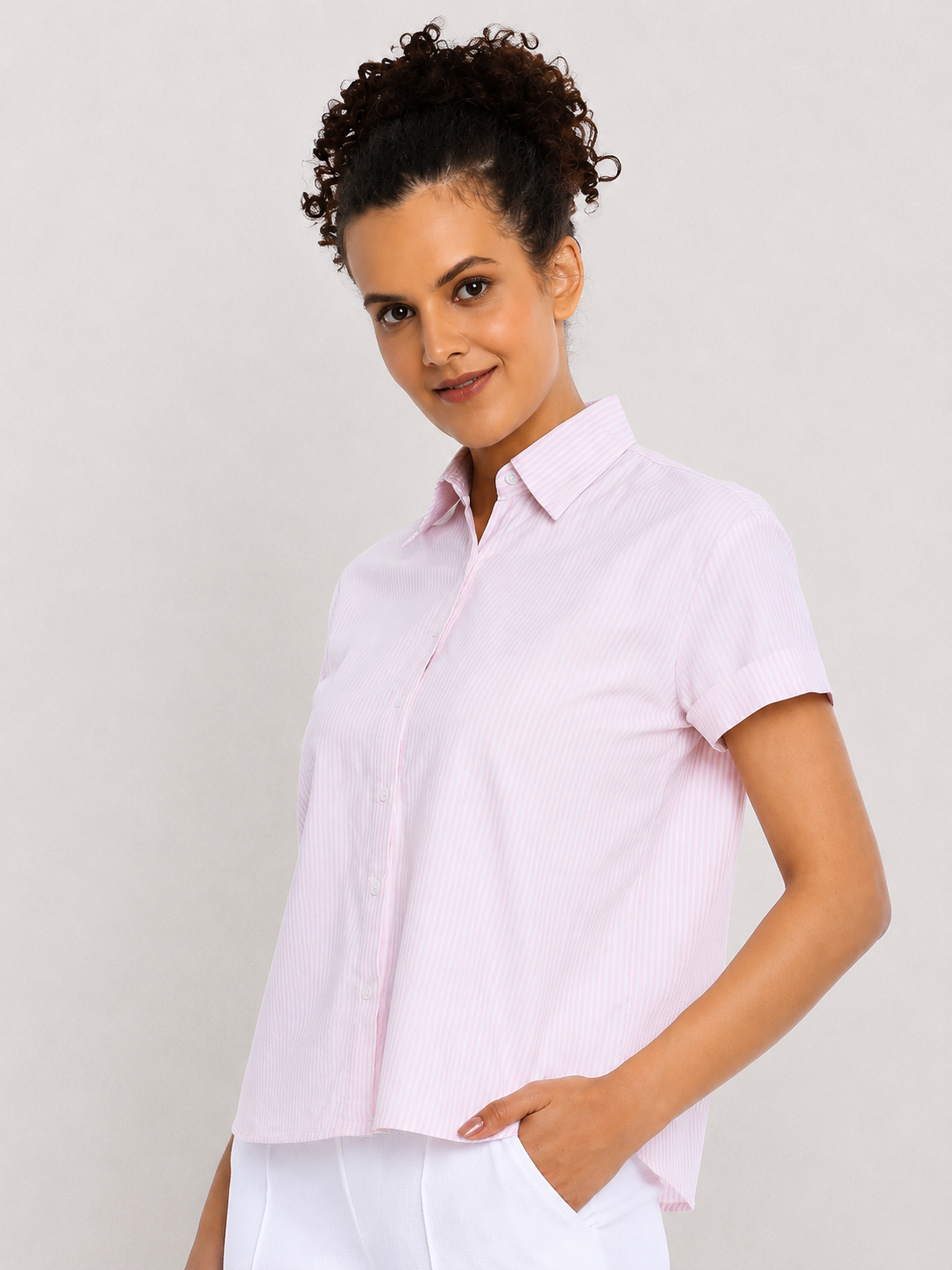 Becky pink and white striped formal half sleeves shirt - neckline and fit detail