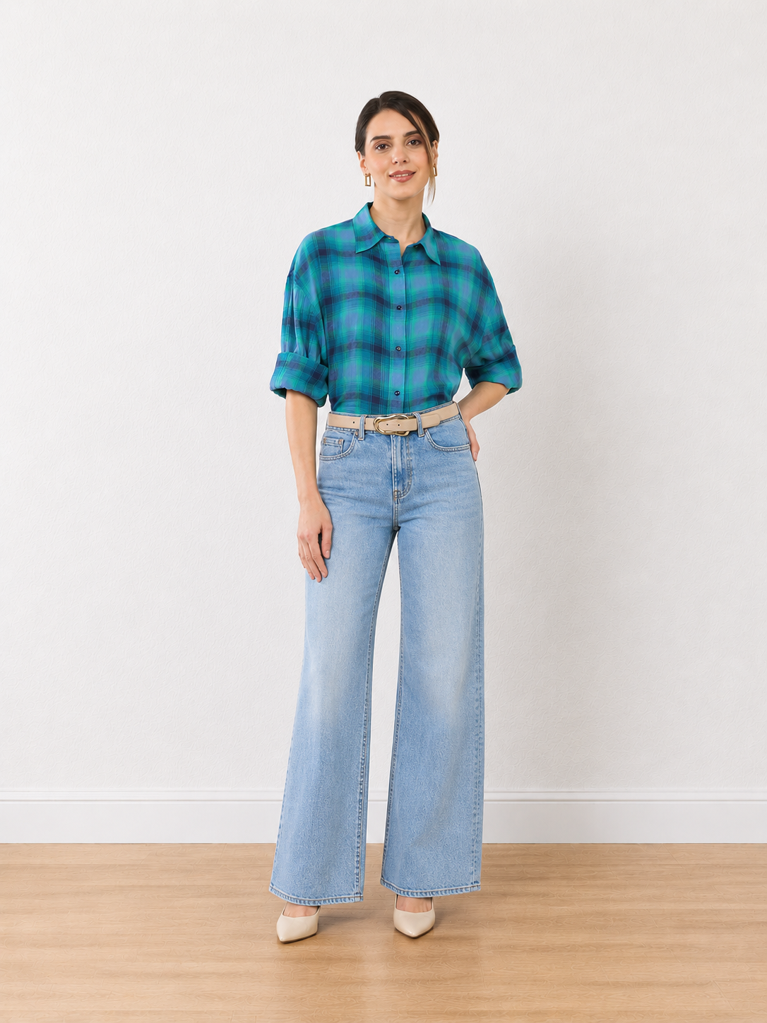 Ella Blue Checks Cotton Oversized Shirt
