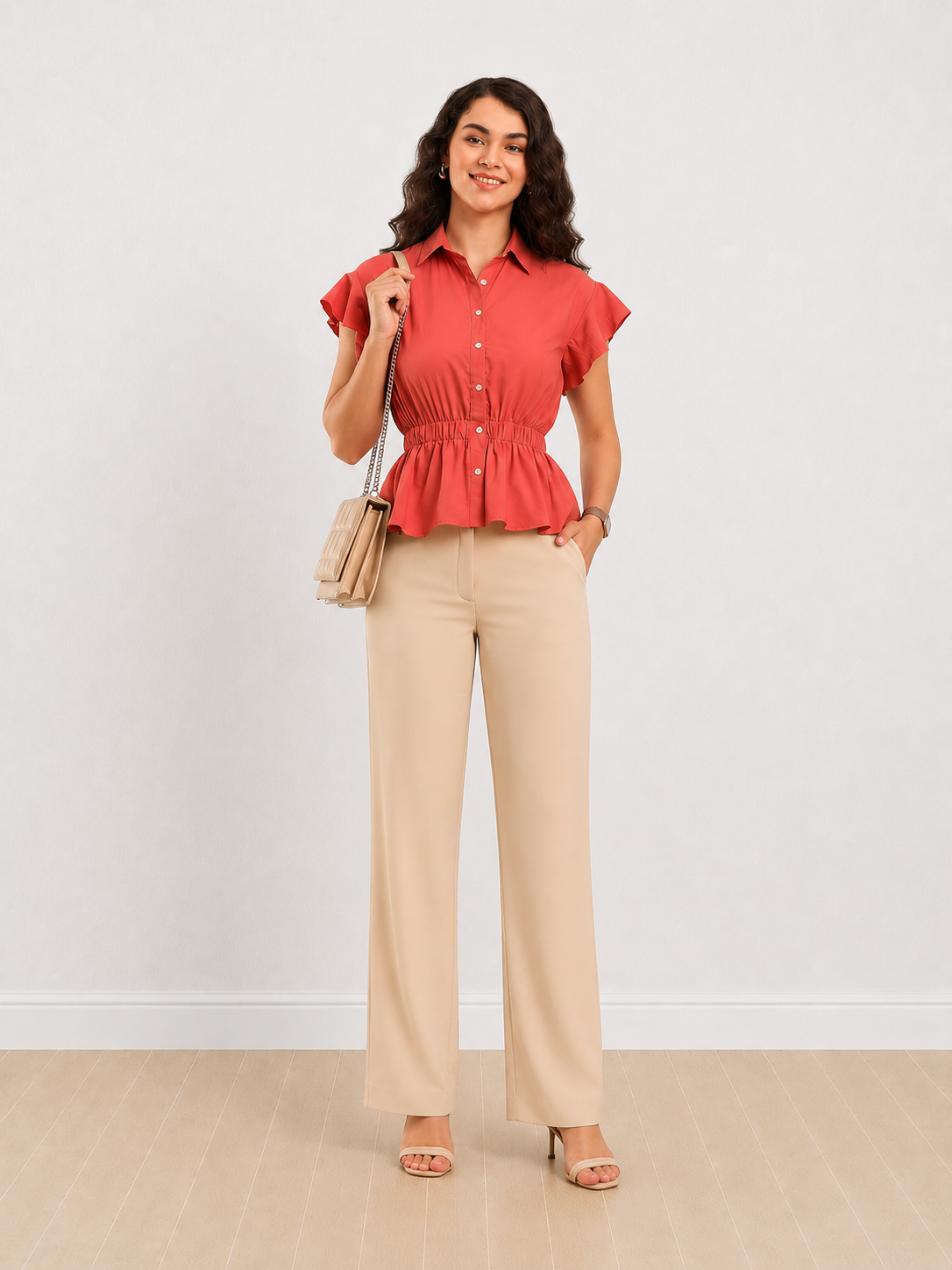 Diamond Red Flared Sleeves Peplum Shirt