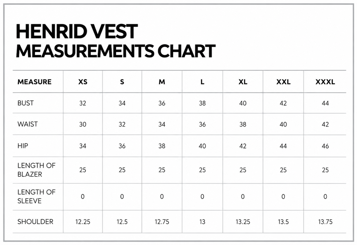 Henrid Blazer Top size chart