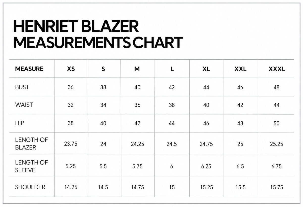 Henriet Short Sleeve Blazer Top size chart