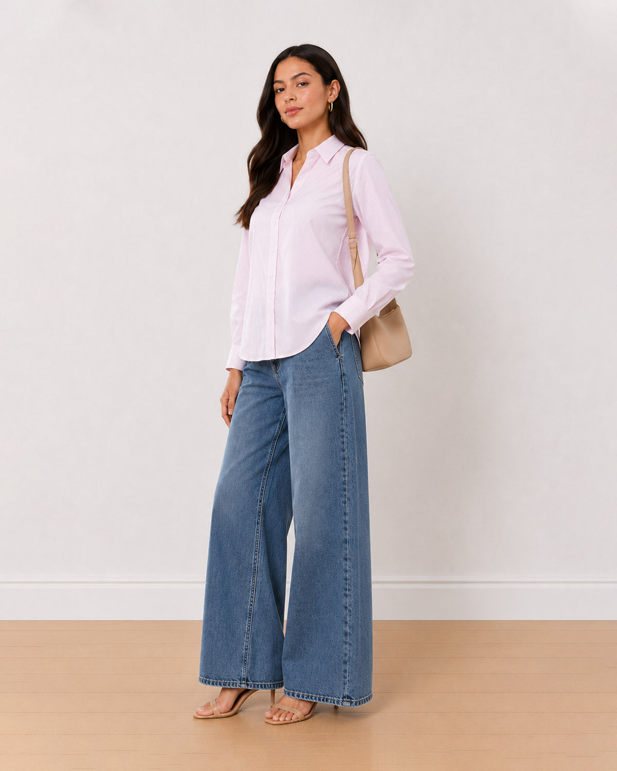 Aksa pink and white striped cotton formal shirt, angled front view with full sleeves