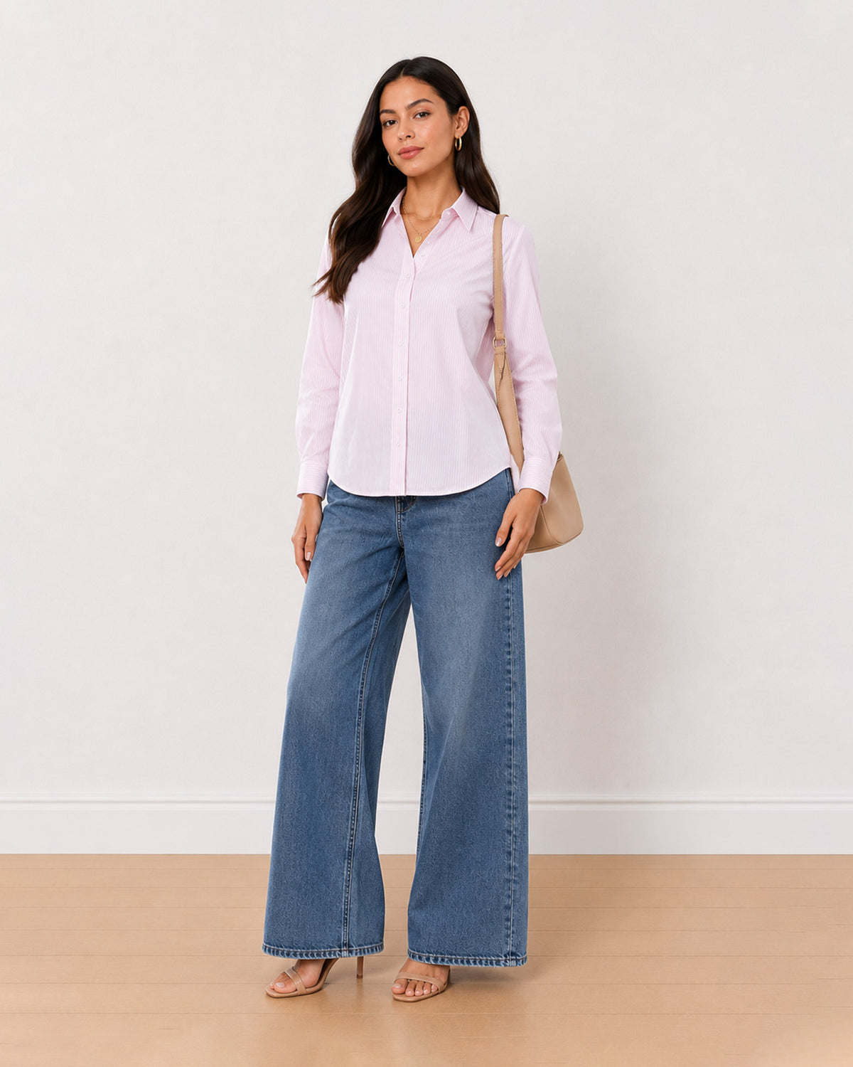 Aksa pink and white striped 100% cotton shirt on the move, front view with curved hem