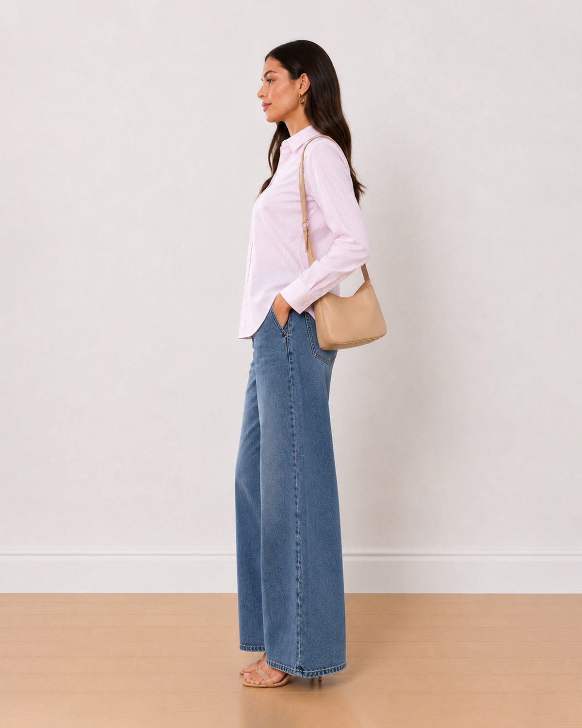 Aksa pink and white striped cotton shirt side profile with the perfect length