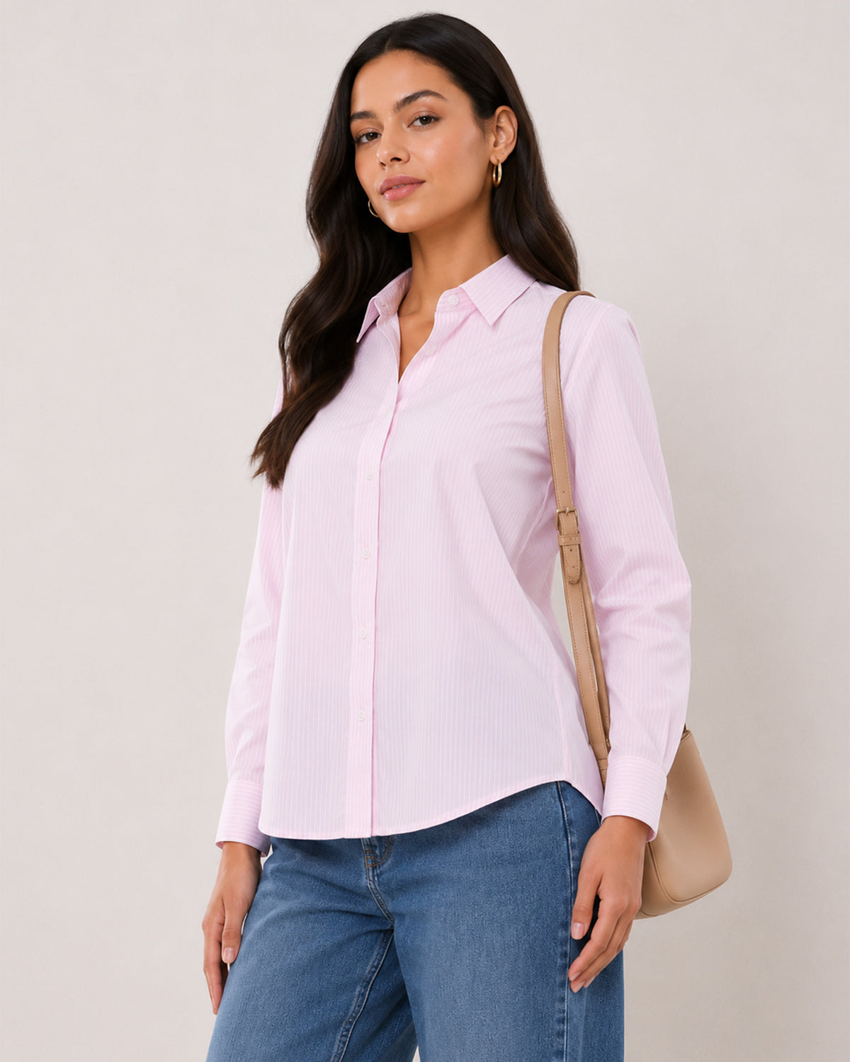 Aksa pink and white striped 100% cotton shirt waist up front, smart office stripe