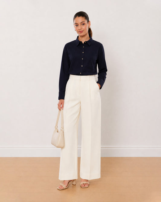 Gazillion Alanis navy blue oversized cotton Lycra shirt for women, full length front view