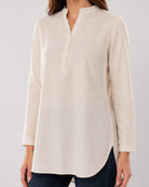 Alexa beige cotton linen tunic shirt half placket with the dignity buttons, curved hem close-up