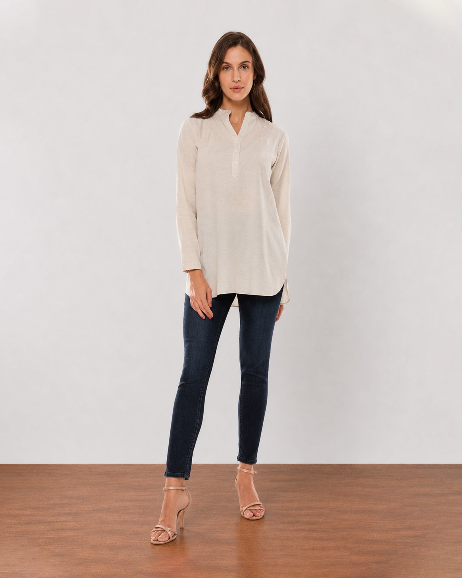 Gazillion Alexa beige cotton linen plus size tunic shirt for women, full length front