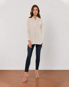 Gazillion Alexa beige cotton linen plus size tunic shirt for women, full length front