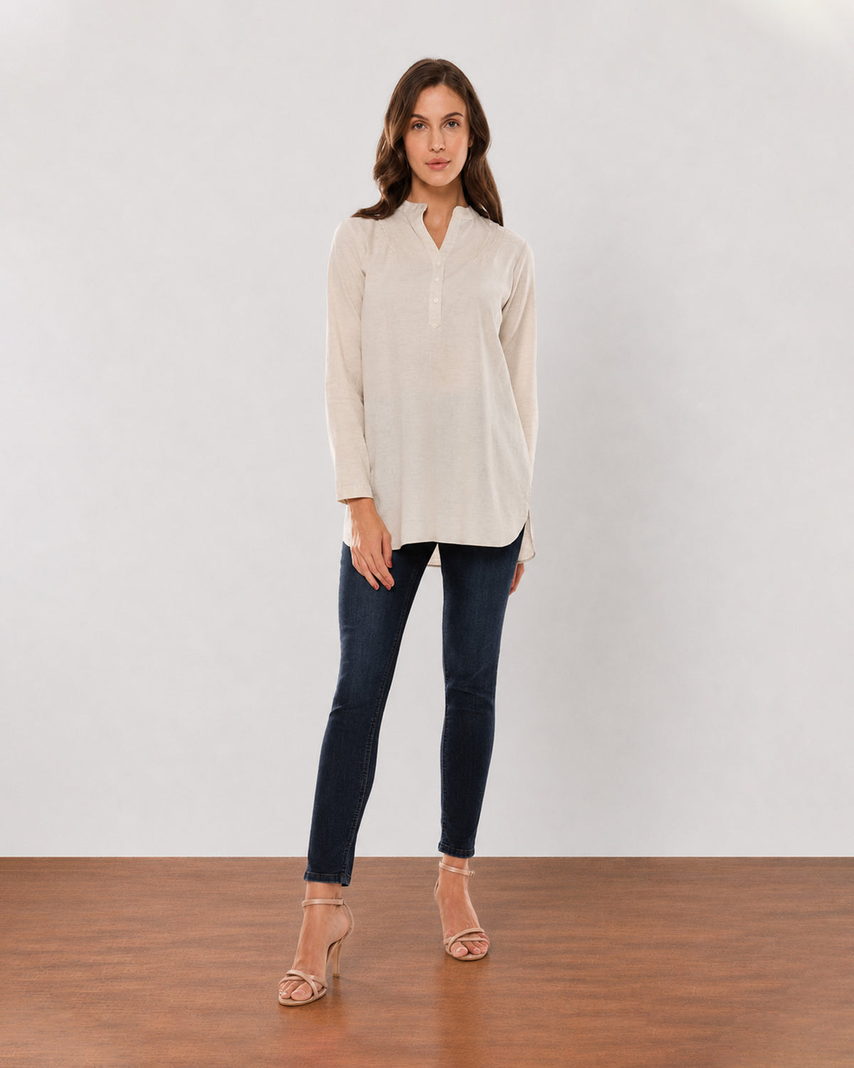 Gazillion Alexa beige cotton linen plus size tunic shirt for women, full length front