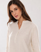 Alexa beige tunic shirt stand collar with V-neck and the triple shoulder darts