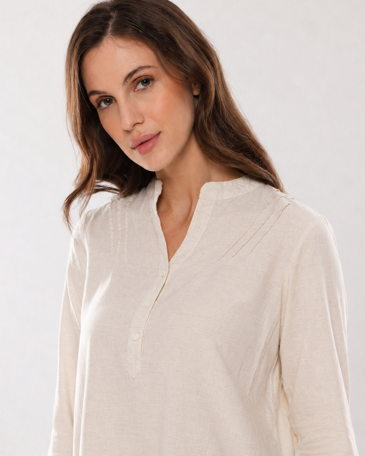 Alexa beige tunic shirt stand collar with V-neck and the triple shoulder darts