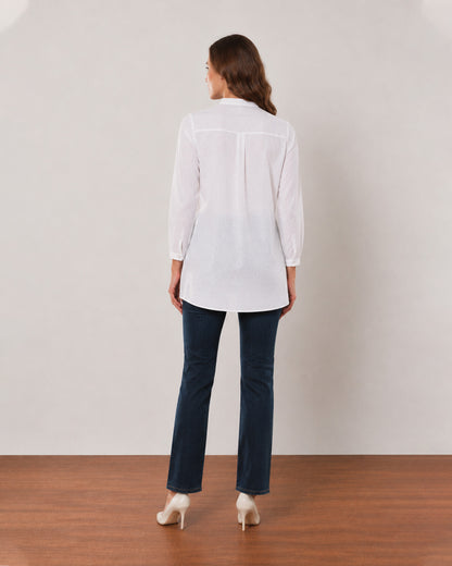 Alexa white cotton linen plus size tunic shirt back view with the long length