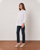 Alexa white cotton linen tunic shirt side view with the side slit and curved hem