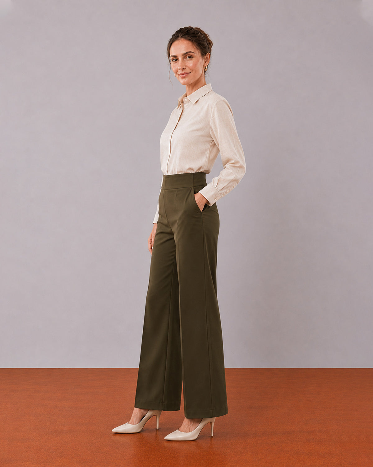 Alexis beige cotton linen formal shirt, angled front view with the drop shoulder