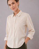 Alexis beige cotton linen shirt collar and placket with the hidden dignity buttons