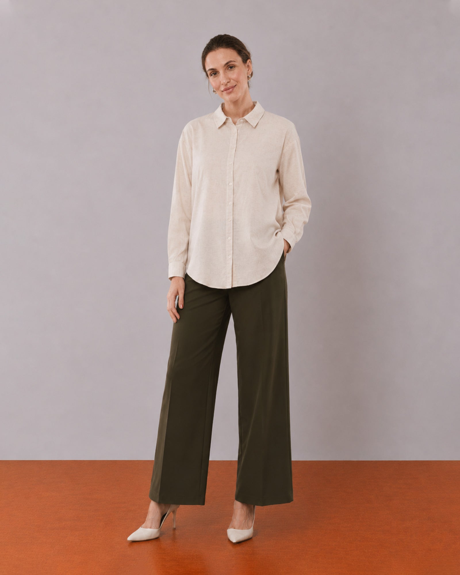 Gazillion Alexis beige cotton linen formal shirt for women, full length front view