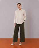 Gazillion Alexis beige cotton linen formal shirt for women, full length front view