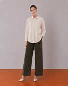 Gazillion Alexis beige cotton linen formal shirt for women, full length front view
