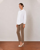 Alexis white cotton linen formal shirt, angled front view with the drop shoulder