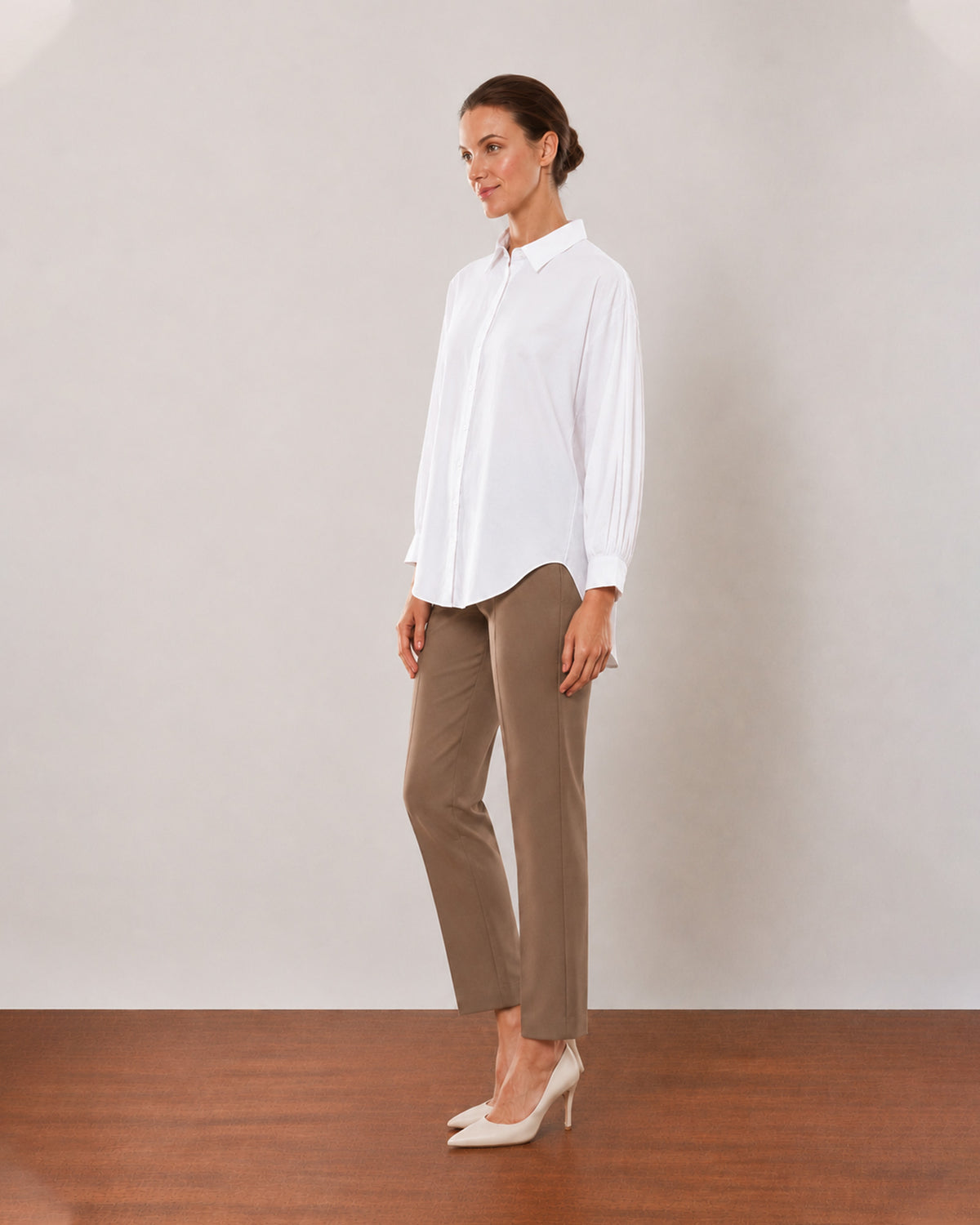 Alexis white cotton linen formal shirt, angled front view with the drop shoulder
