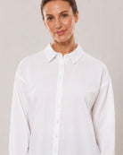 Alexis white cotton linen shirt collar and placket with the hidden dignity buttons