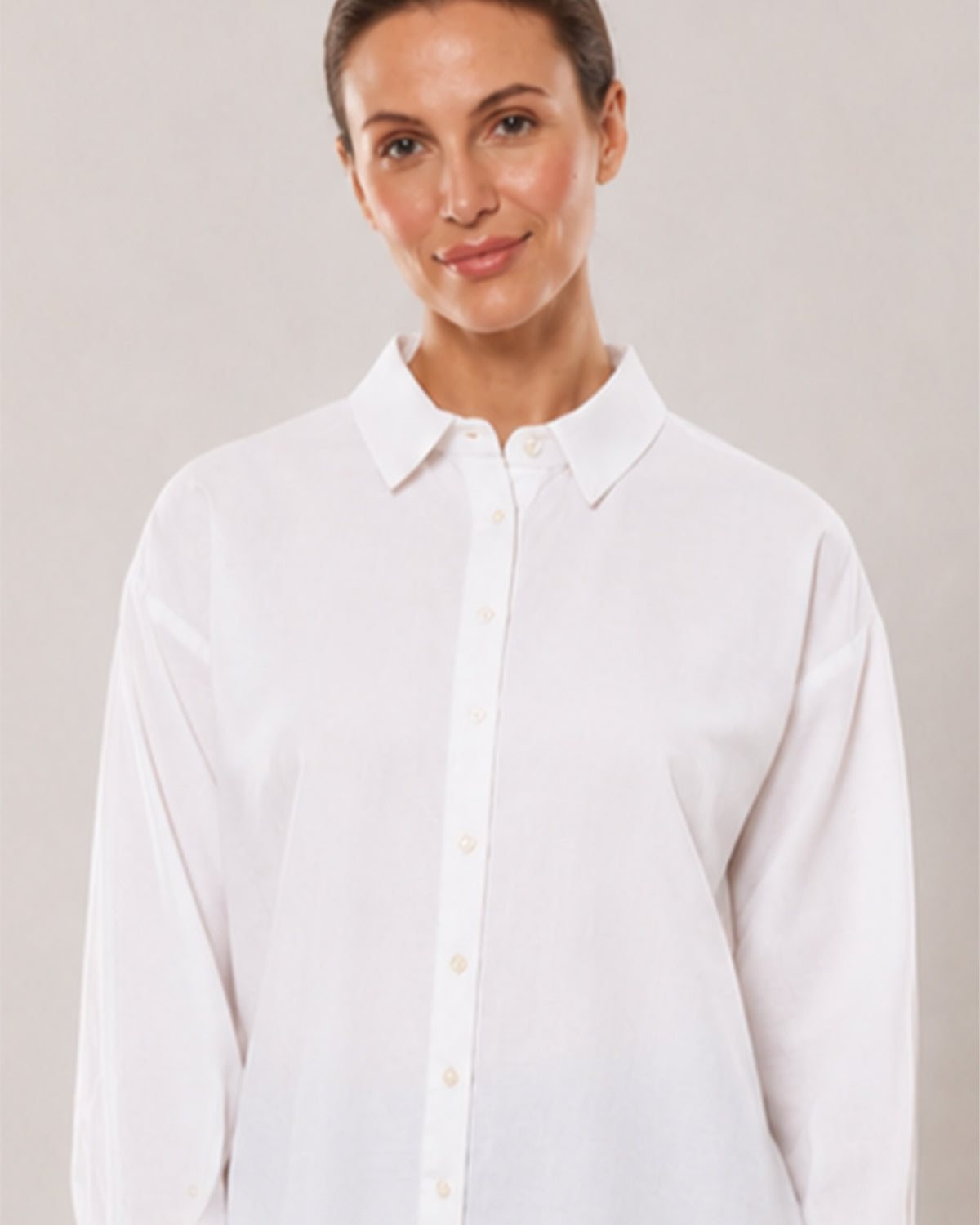 Alexis white cotton linen shirt collar and placket with the hidden dignity buttons