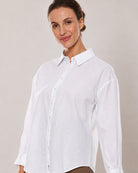Alexis white cotton linen shirt drop shoulder and full sleeve close-up