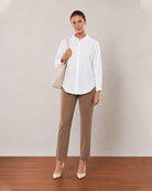 Gazillion Alexis white cotton linen formal shirt for women, full length front view