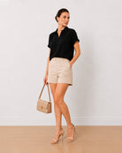 Gazillion Alfa black 100% viscose formal half sleeves shirt for women, full length front