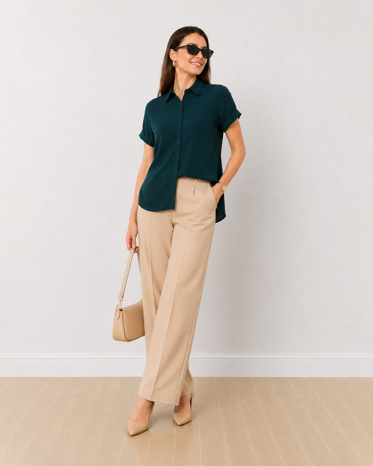 Alfa bottle green viscose shirt on the move, front view with the perfect length