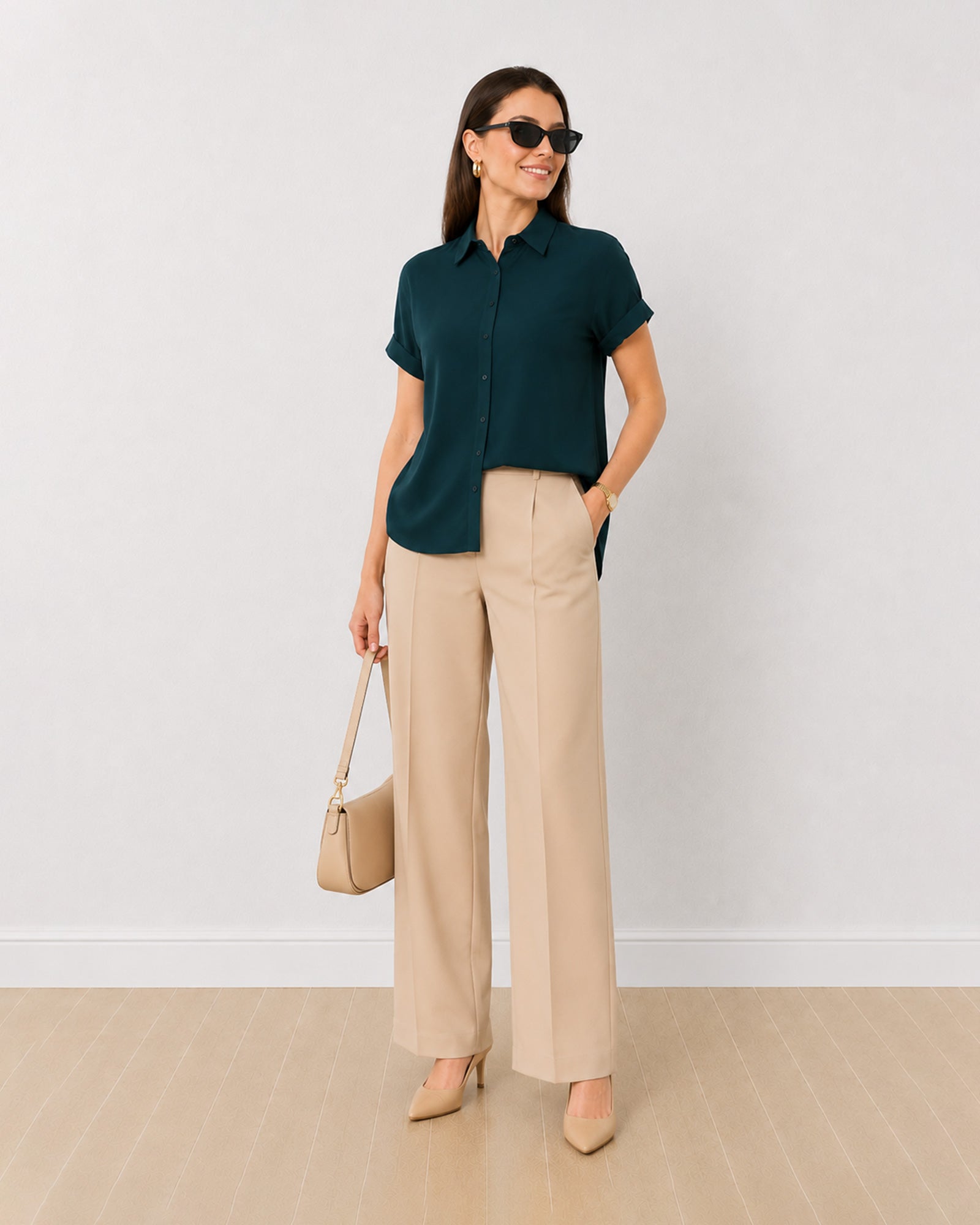 Gazillion Alfa bottle green 100% viscose half sleeves shirt for women, full length front