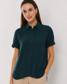 Alfa bottle green viscose shirt waist up front with the half sleeves and collar