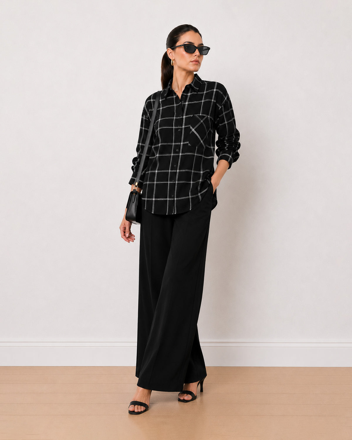 Alivia black and white checked 100% cotton oversized shirt, angled front view