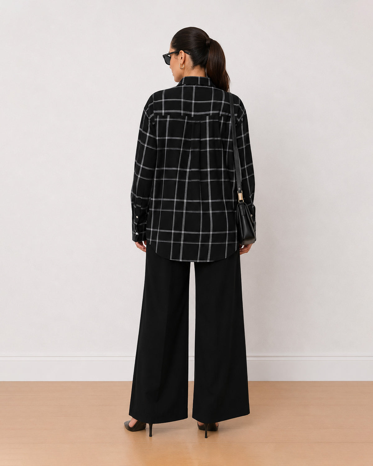 Alivia black checks 100% cotton oversized shirt back view with the long length