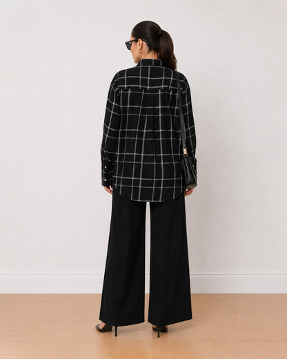 Alivia black checks 100% cotton oversized shirt back view with the long length