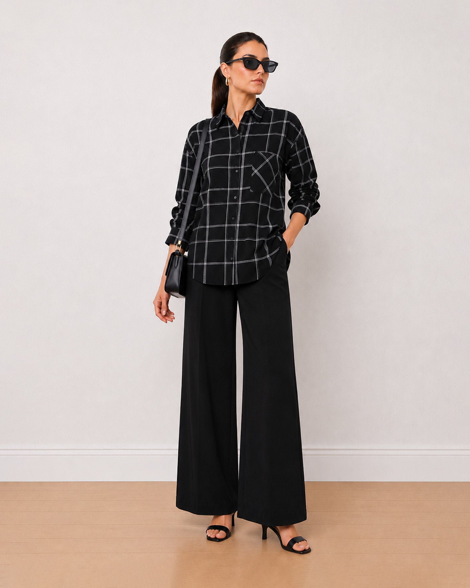 Gazillion Alivia black checks 100% cotton oversized shirt for women, full length front